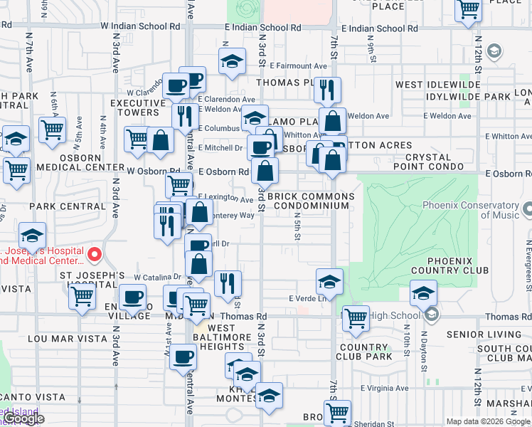 map of restaurants, bars, coffee shops, grocery stores, and more near 3300 North 3rd Street in Phoenix