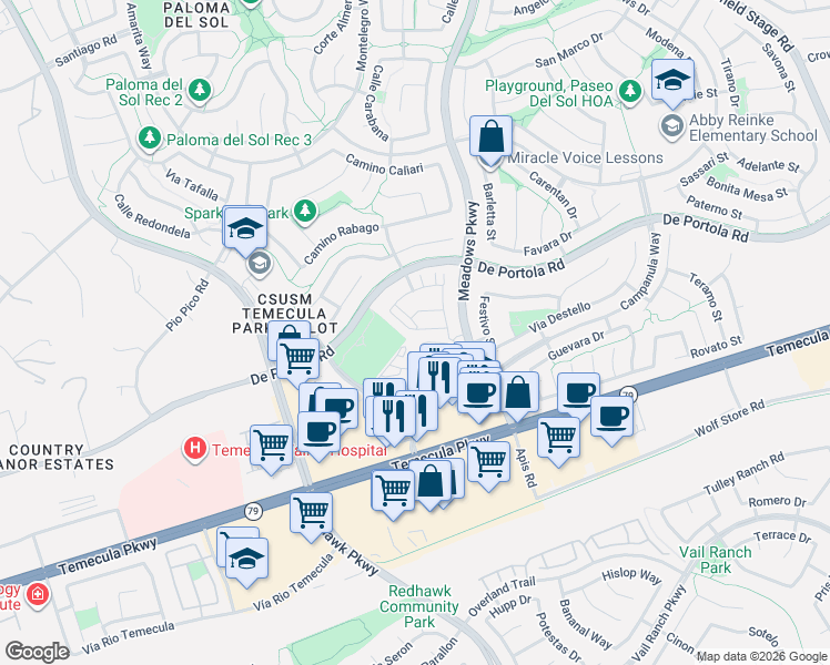 map of restaurants, bars, coffee shops, grocery stores, and more near 31865 Calle Luz in Temecula