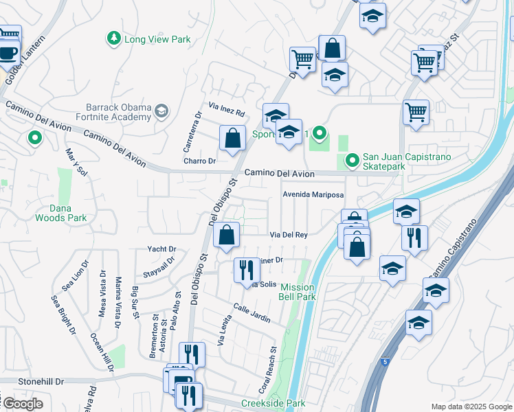 map of restaurants, bars, coffee shops, grocery stores, and more near 25721 Paseo Colonial in San Juan Capistrano