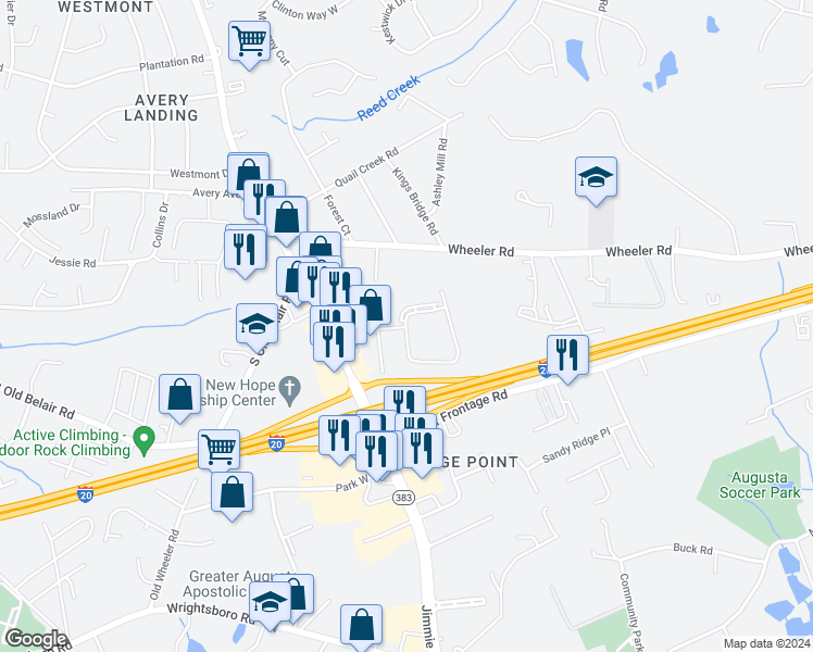 map of restaurants, bars, coffee shops, grocery stores, and more near 409 Ridge Crossing in Augusta