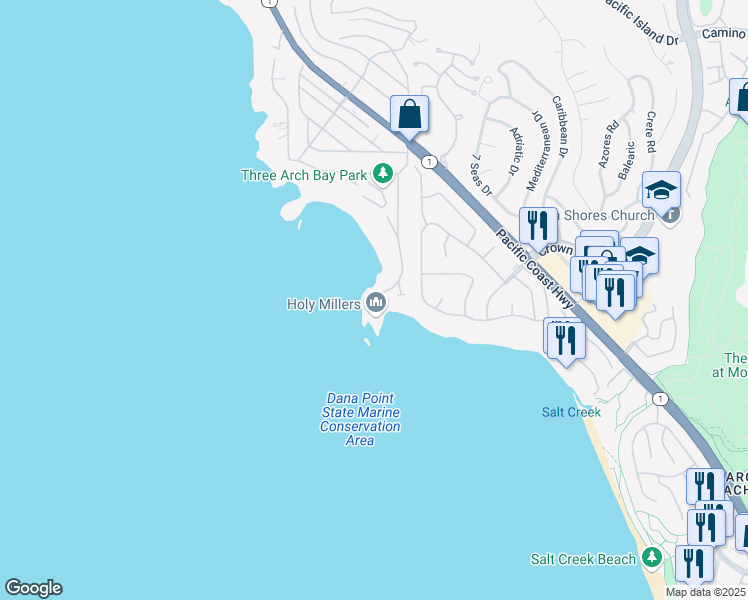 map of restaurants, bars, coffee shops, grocery stores, and more near 111 South La Senda Drive in Laguna Beach