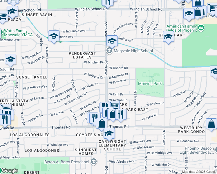 map of restaurants, bars, coffee shops, grocery stores, and more near 5902 West Flower Street in Phoenix