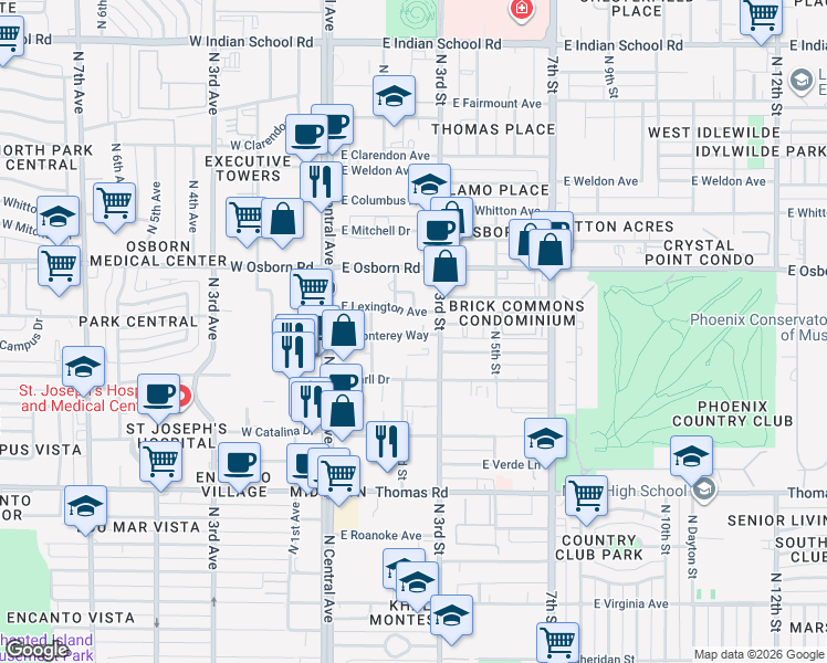 map of restaurants, bars, coffee shops, grocery stores, and more near 155 East Lexington Avenue in Phoenix