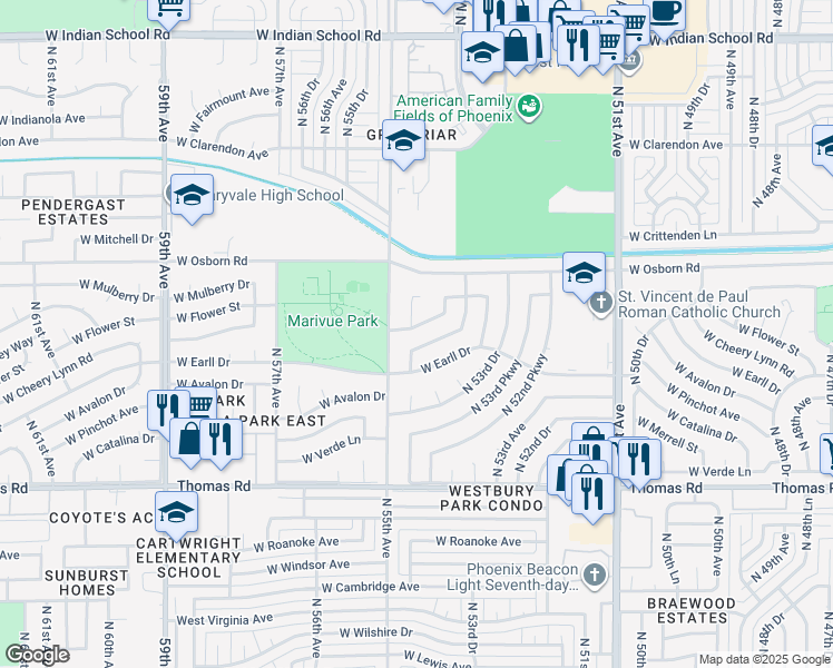 map of restaurants, bars, coffee shops, grocery stores, and more near 5426 West Flower Street in Phoenix