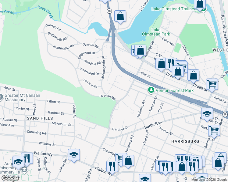 map of restaurants, bars, coffee shops, grocery stores, and more near 406 Brookside Court in Augusta