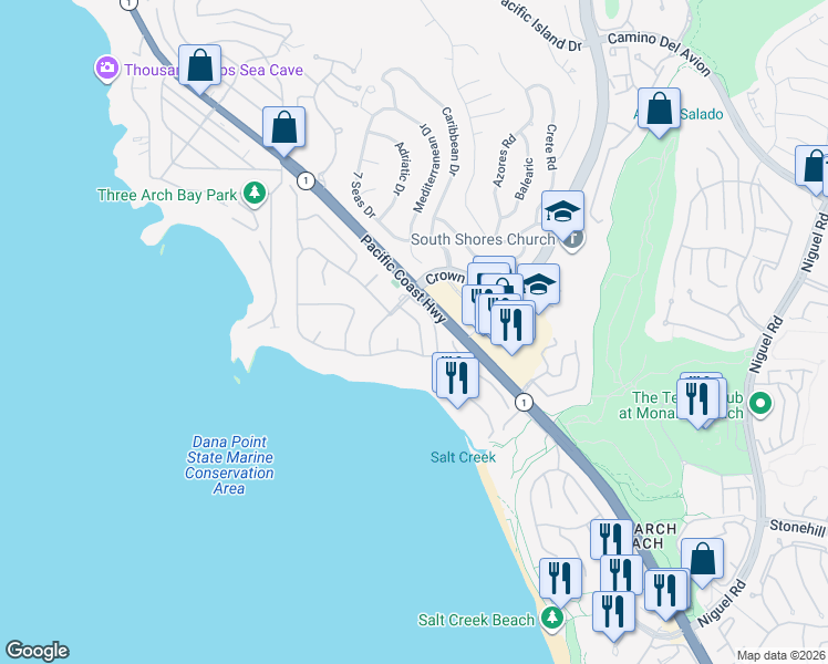 map of restaurants, bars, coffee shops, grocery stores, and more near 24 Monarch Bay Drive in Dana Point