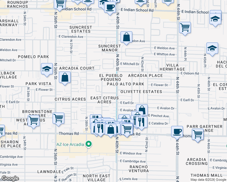 map of restaurants, bars, coffee shops, grocery stores, and more near 3937 East Flower Street in Phoenix