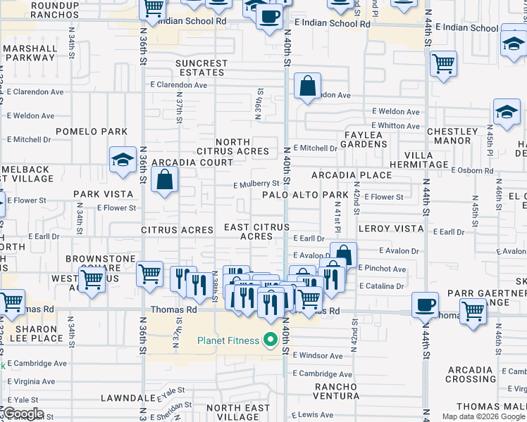 map of restaurants, bars, coffee shops, grocery stores, and more near 3914 East Cheery Lynn Road in Phoenix