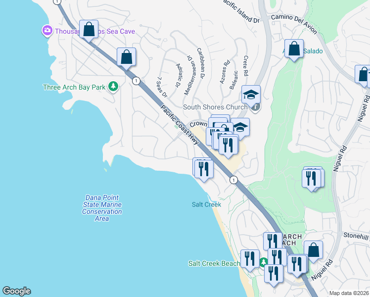 map of restaurants, bars, coffee shops, grocery stores, and more near 24 Monarch Bay Drive in Dana Point