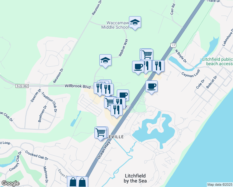 map of restaurants, bars, coffee shops, grocery stores, and more near 160 Willbrook Boulevard in Pawleys Island
