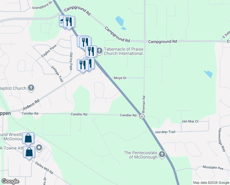map of restaurants, bars, coffee shops, grocery stores, and more near 1545 Georgia 42 in McDonough