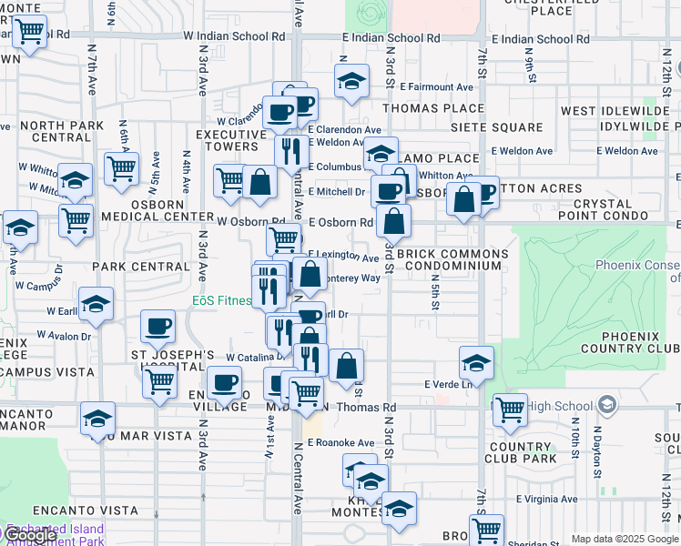 map of restaurants, bars, coffee shops, grocery stores, and more near 25 East Lexington Avenue in Phoenix