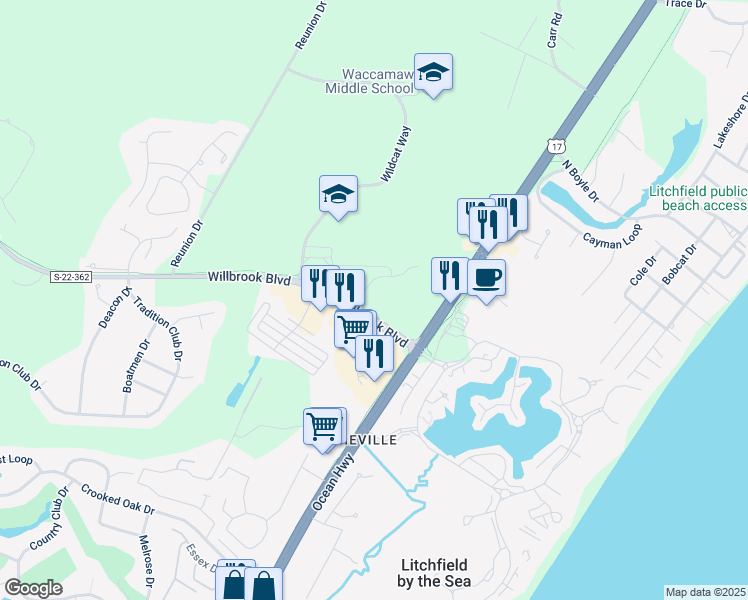 map of restaurants, bars, coffee shops, grocery stores, and more near 160 Willbrook Boulevard in Pawleys Island