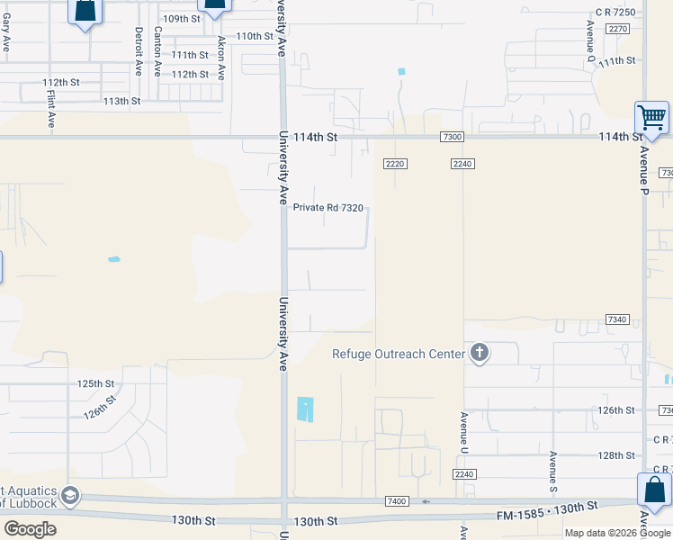 map of restaurants, bars, coffee shops, grocery stores, and more near 2305 120th Street in Lubbock