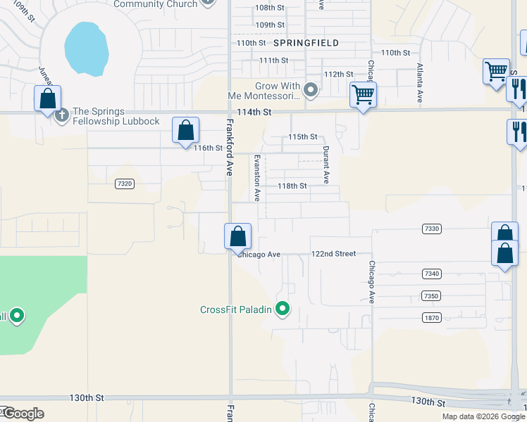 map of restaurants, bars, coffee shops, grocery stores, and more near 11783-11999 Frankford Avenue in Lubbock