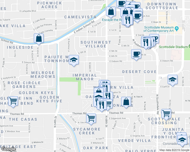map of restaurants, bars, coffee shops, grocery stores, and more near 6715 East Angus Drive in Scottsdale