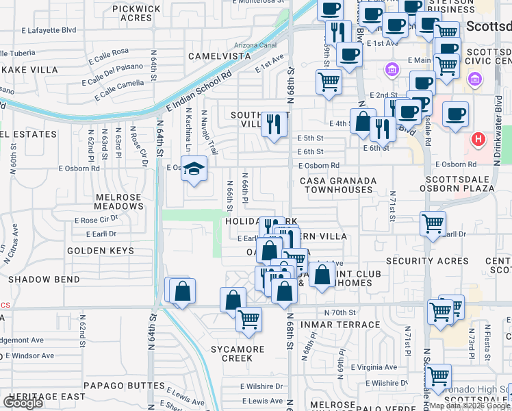 map of restaurants, bars, coffee shops, grocery stores, and more near 3301 North 66th Place in Scottsdale