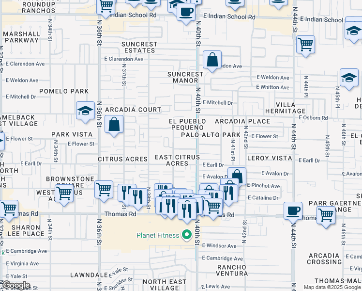 map of restaurants, bars, coffee shops, grocery stores, and more near 3914 East Cheery Lynn Road in Phoenix