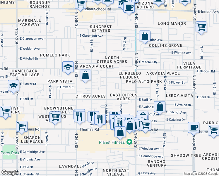 map of restaurants, bars, coffee shops, grocery stores, and more near 3202 North 39th Street in Phoenix