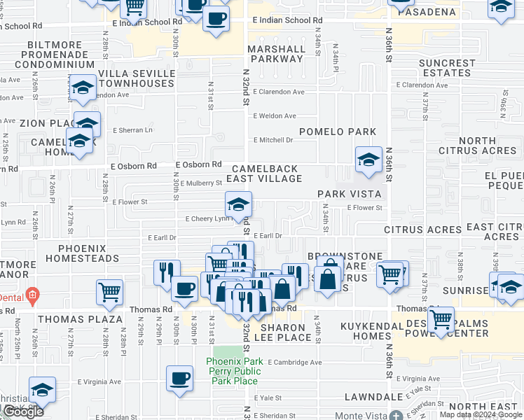 map of restaurants, bars, coffee shops, grocery stores, and more near 3199 North 32nd Street in Phoenix