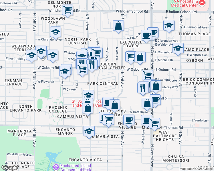 map of restaurants, bars, coffee shops, grocery stores, and more near 414 West Flower Street in Phoenix
