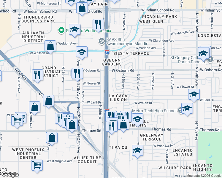 map of restaurants, bars, coffee shops, grocery stores, and more near 3151 North Black Canyon Highway in Phoenix