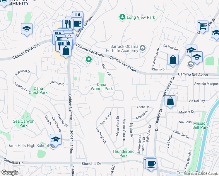 map of restaurants, bars, coffee shops, grocery stores, and more near 25121 Danabirch in Dana Point