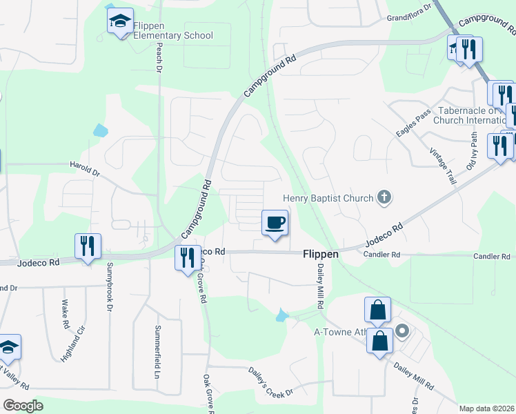 map of restaurants, bars, coffee shops, grocery stores, and more near 1529 Woodberry Court in McDonough