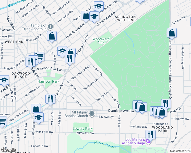 map of restaurants, bars, coffee shops, grocery stores, and more near 1144 14th Place Southwest in Birmingham