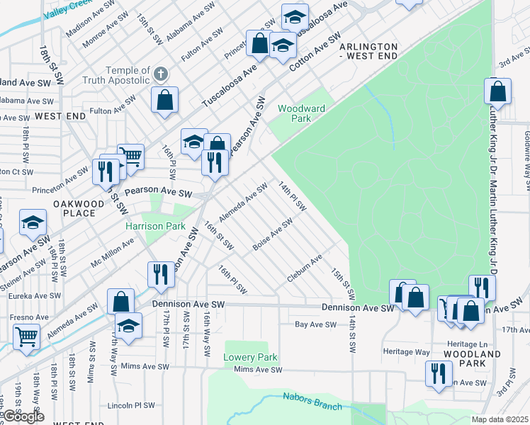 map of restaurants, bars, coffee shops, grocery stores, and more near 1120 15th Street Southwest in Birmingham
