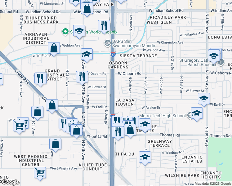 map of restaurants, bars, coffee shops, grocery stores, and more near 3131 North Black Canyon Highway in Phoenix