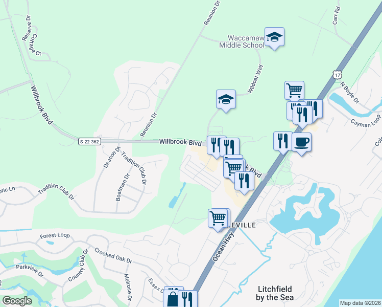 map of restaurants, bars, coffee shops, grocery stores, and more near 42 Lumbee Circle in Pawleys Island