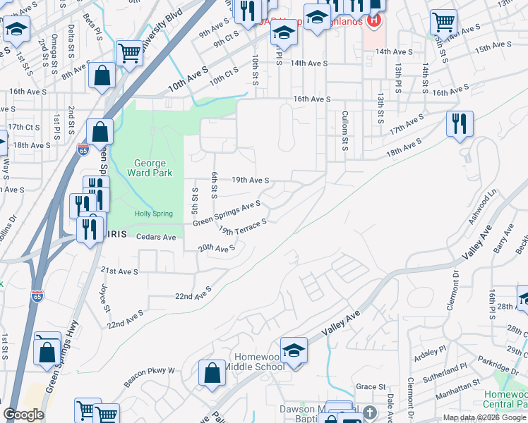 map of restaurants, bars, coffee shops, grocery stores, and more near 1020 Green Springs Avenue South in Birmingham
