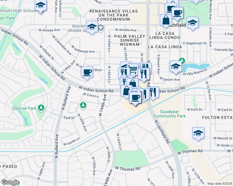 map of restaurants, bars, coffee shops, grocery stores, and more near 14288 West Cora Lane in Goodyear