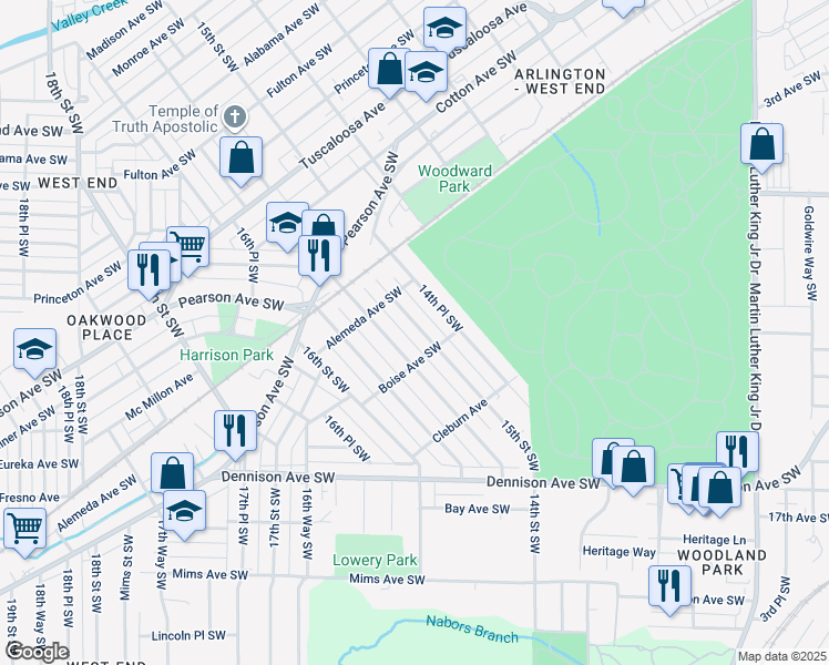 map of restaurants, bars, coffee shops, grocery stores, and more near 1120 15th Street Southwest in Birmingham