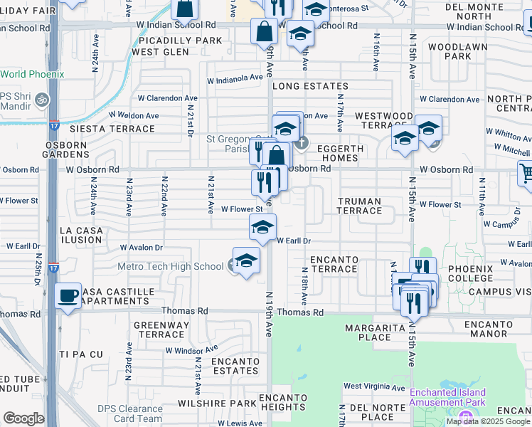 map of restaurants, bars, coffee shops, grocery stores, and more near 3317 North 19th Avenue in Phoenix