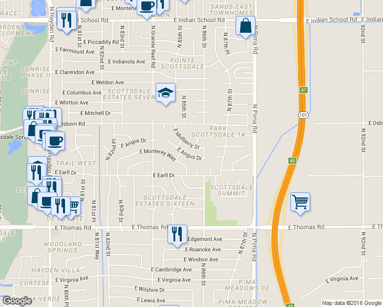 map of restaurants, bars, coffee shops, grocery stores, and more near 8526 East Angus Drive in Scottsdale
