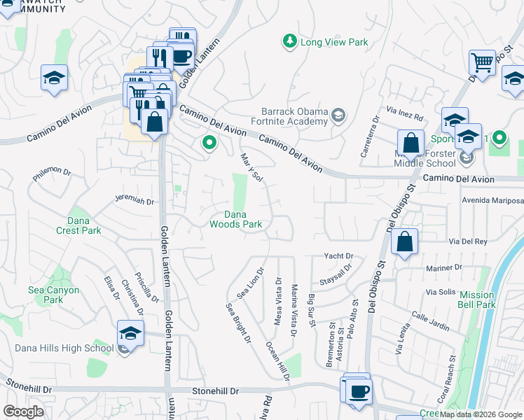 map of restaurants, bars, coffee shops, grocery stores, and more near 25102 Danabirch in Dana Point
