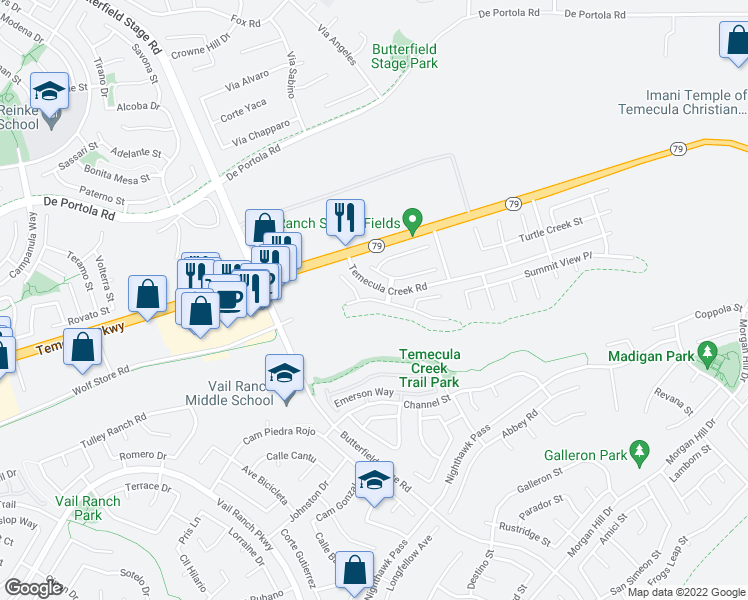 map of restaurants, bars, coffee shops, grocery stores, and more near 33564 Blue Water Way in Temecula