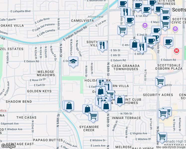map of restaurants, bars, coffee shops, grocery stores, and more near 3231 North 66th Place in Scottsdale