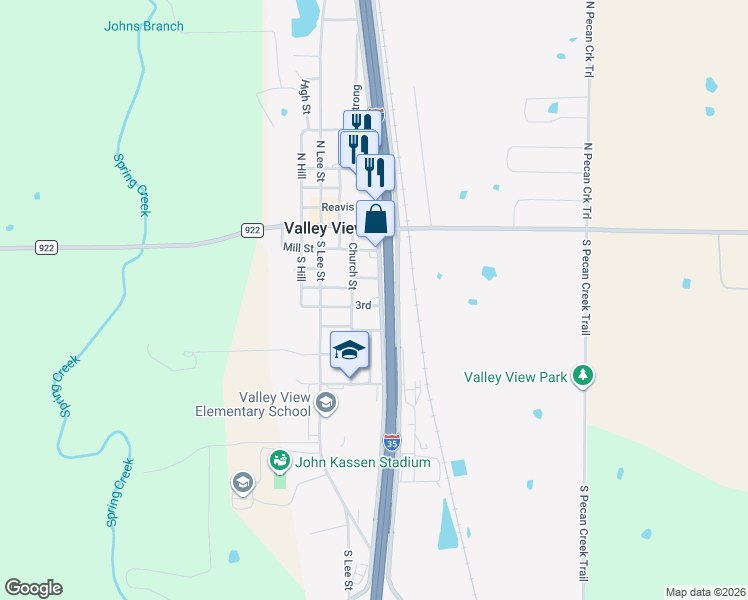 map of restaurants, bars, coffee shops, grocery stores, and more near 307 North Frontage Road in Valley View