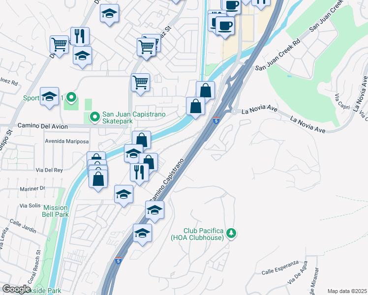 map of restaurants, bars, coffee shops, grocery stores, and more near 32861 Camino Capistrano in San Juan Capistrano
