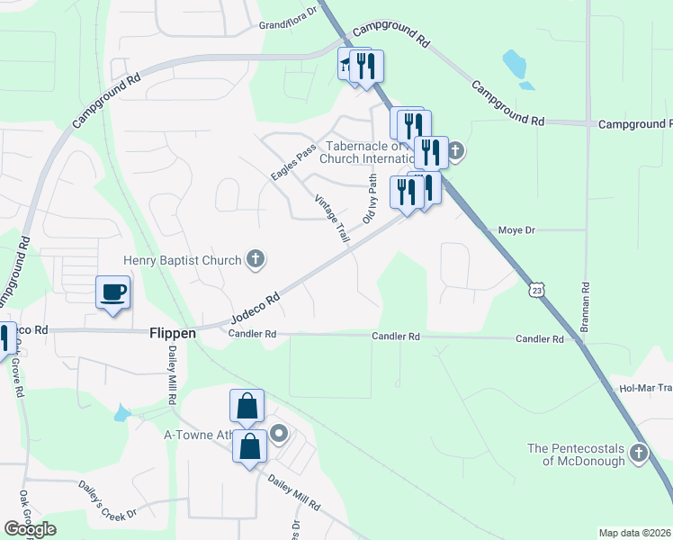 map of restaurants, bars, coffee shops, grocery stores, and more near 4135 Jodeco Road in McDonough