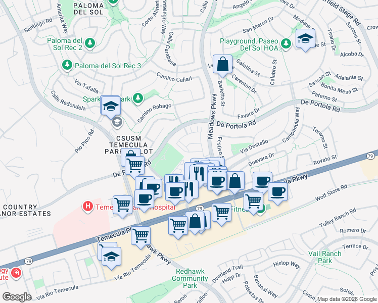 map of restaurants, bars, coffee shops, grocery stores, and more near Calle Luz in Temecula