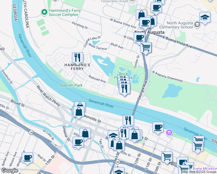map of restaurants, bars, coffee shops, grocery stores, and more near 339 Railroad Avenue in North Augusta