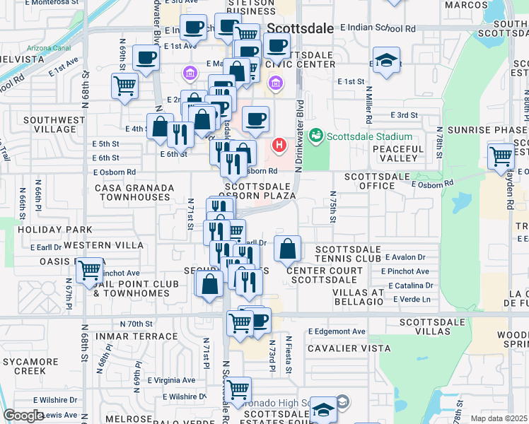 map of restaurants, bars, coffee shops, grocery stores, and more near 3291 North Drinkwater Boulevard in Scottsdale