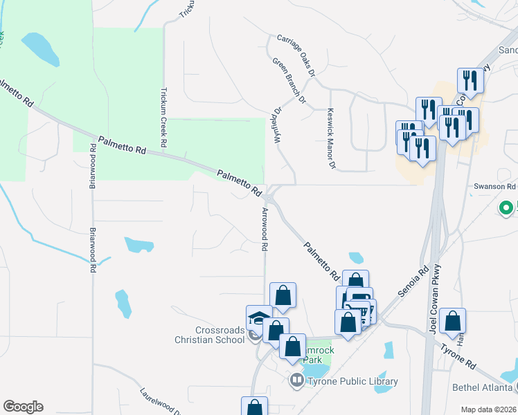 map of restaurants, bars, coffee shops, grocery stores, and more near 110 Point View Court in Tyrone