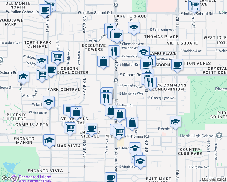 map of restaurants, bars, coffee shops, grocery stores, and more near 3200 North Central Avenue in Phoenix
