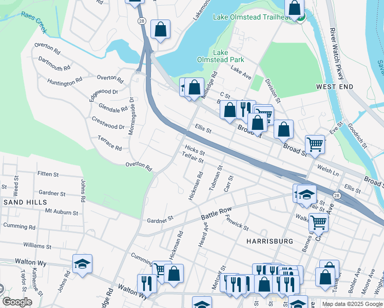map of restaurants, bars, coffee shops, grocery stores, and more near 2170 Greene Street in Augusta