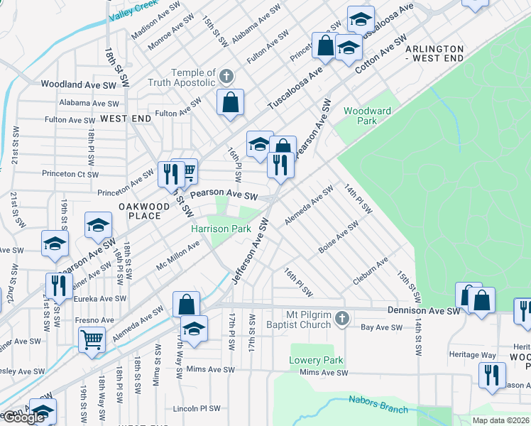 map of restaurants, bars, coffee shops, grocery stores, and more near 1600 Jefferson Avenue Southwest in Birmingham